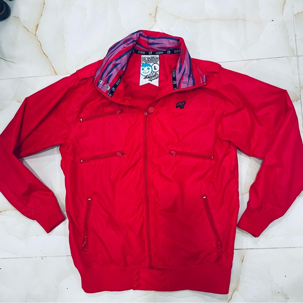 Neff Slick Jacket 2010 Multi Pocket Red Windbreaker Hoodie Mens Size L Skater